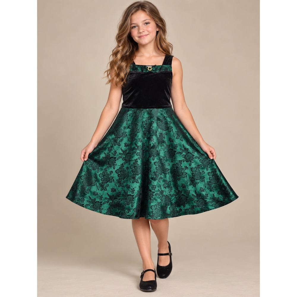 George Girls Evergreen Velvet Brocade Holiday Dress Black Green Size 7